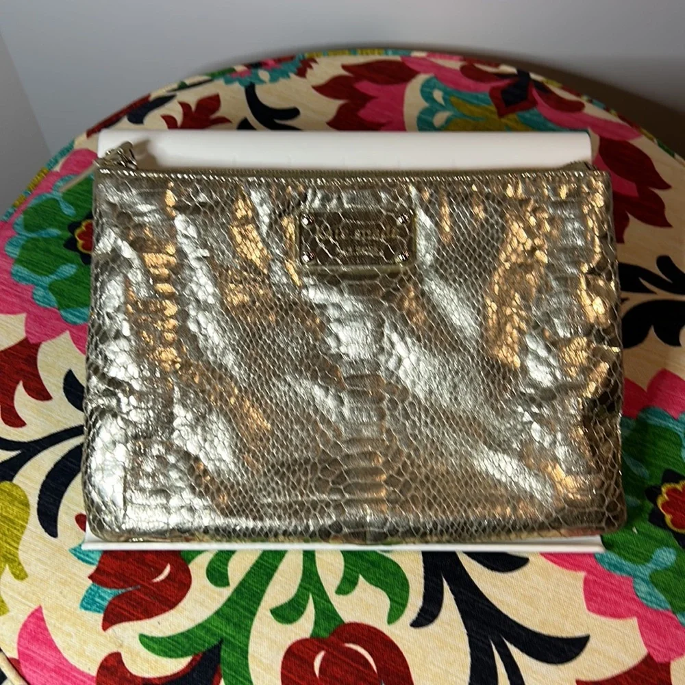 Kate Spade Foiled Pouch Makeup Bag Clutch Snake Print Gold - Picture 2 of 9